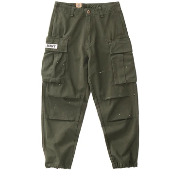 Iş pantolonu erkek Japon retro ordu yeşil çok cep yıkanmış eski fırfır yakışıklı gevşek düz sıçrama mürekkep rahat pantolon.