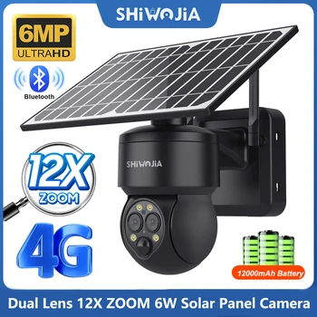 SHIWOJIA 6W güneş panelı Gözetim Kamera WİFİ / 4G SIM Güneş Güvenlik Kamera 12X ZOOM 6MP Çift Lens PIR CCTV Video Pil KAMERA