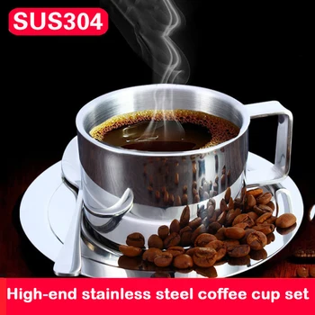 Avrupa kahve fincan seti 304 paslanmaz çelik kupa kahve tepsisi Karıştırma kaşığı Çift yalıtımlı çay bardağı Ofis kahve kupa