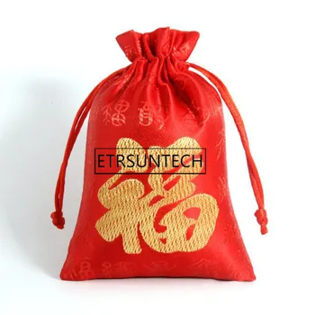 200 adet Takı Torbalar Küçük Aksesuar Ambalaj Kumaş İpli Çanta Kırmızı Vintage Çin Şanslı Kelime FU Kılıfı Sikke Çanta