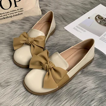 Mr Co Moda Kadın Loafer'lar Bahar Sonbahar Yuvarlak Ayak Üzerinde Kayma Düz tek ayakkabı Bayanlar İngiliz Tarzı İlmek Deri rahat ayakkabılar