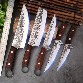 El Dövme Mutfak Bıçakları Cleaver Et sebze doğrama kemiksi saplı bıçak 5CR15 Çelik Profesyonel Kasap Şef Mutfak Bıçağı Seti