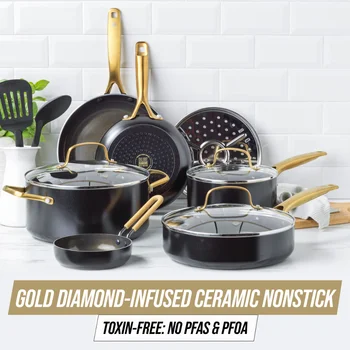 Gold Edition Seramik Yapışmaz 12 Parça Tencere Seti, PFAS İçermeyen, Pişirme Kapları Mutfak ve Tavalar