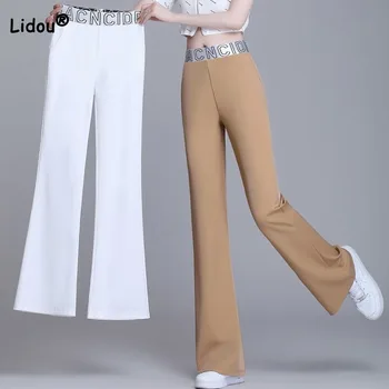 Moda Gidip Düz Renk Yüksek Bel Kırpılmış Pantolon Kadın Yaz Yeni İnce Rahat Mektup Eklenmiş Pantolon kadın Giyim