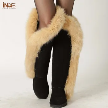 INOE Moda Tilki Kürk Botas Gerçek Inek Süet Deri Diz Üzerinde Uzun Kış Kar Botları Kadınlar için Uyluk Sıcak Ayakkabı Siyah Kahverengi