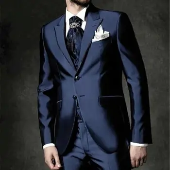 2023 Moda Rahat Custom Made Damat Smokin Lacivert Tepe Yaka Düğün / Balo En İyi Erkek Takım Elbise Damat (Ceket + Pantolon + Yelek)