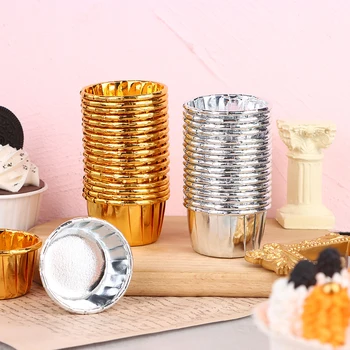 50 ADET Mini Cupcake Folyo Cupcake Sarıcı Kağıt Altın Gümüş Cupcake Liner Pişirme Bardak Tepsi Durumda Düğün Caissettes Muffin Cupcake