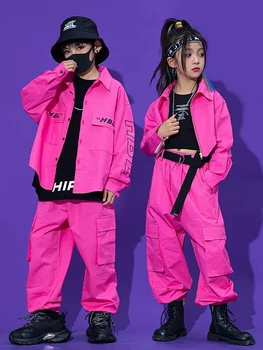 Pembe Hip Hop Dans Elbise Çocuklar İçin Kpop Kostüm Takım Ceket Kargo Pantolon Kız Konser Grubu Hiphop Performans Kıyafet BL9485
