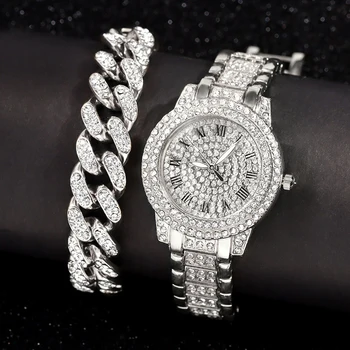 Tam Rhinestone Kadınlar Kuvars İzle Bilezik Gül Gümüş Renk Bayanlar Bilek Saatler Lüks Marka Kristal Saatler Relogio Feminino