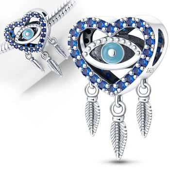 925 Gümüş Mavi Göz Kalp Tüy Charm Fit Bilezik Gümüş 925 Orijinal Takılar Takı Boncuk Yapımı İçin