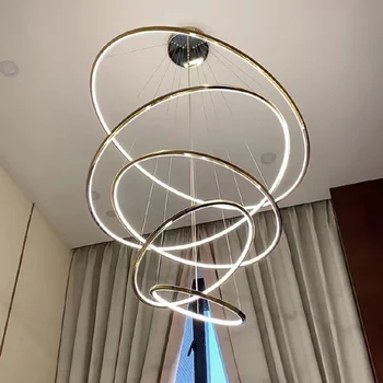Modern Halka LED Avize Merdiven Oturma Odası Altın Dubleks Bina Asılı Lambalar Lüks Tavan iç mekan aydınlatması Fikstür
