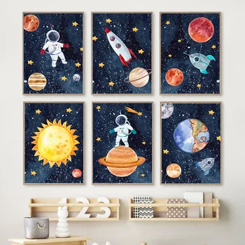 Boho Uzay Astronot Roket Güneş Ay Toprak Kreş Posteri Duvar sanat baskılı tuval Boyama Estetik Resimleri Erkek Bebek Odası Dekor