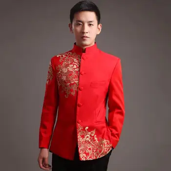Geleneksel Çin Ceket Damat Tang Vintage Giyim Düğün Erkekler Kırmızı Nakış Zhongshan Tops