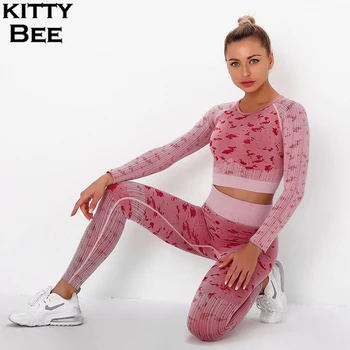 Spor Seti Kadın Camo Yoga Seti Spor Giyim Dikişsiz Spor Takım Elbise Egzersiz Uzun Kollu Kırpma Üst Dikişsiz Tayt Kadın Eşofman