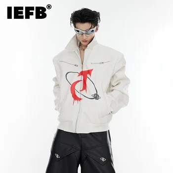 IEFB Ceketler erkek Baskı Sprey Boya Omuz Pedi Ceket Moda PU Deri Giyim 2023 Yüksek Sokak Erkek Giyim 9C1311