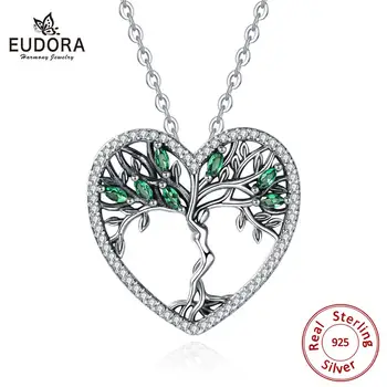 EUDORA 925 Ayar Gümüş Hayat Ağacı Kolye Temizle Yeşil CZ Kolye Bağımsız Özgürlük Tanrıçası Kolye Kadınlar Takı D497
