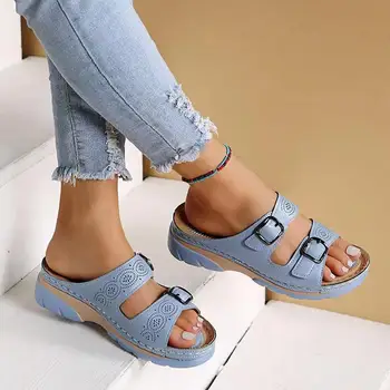 Kadın Kapalı Ayak Yaz Ayakkabı Konfor Çift Toka Kama Bayanlar Sandalet Artı Boyutu 43 Platformu Rahat Terlik Kadın 2023 Yeni