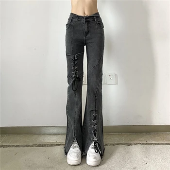 Kadın Kot günlük kot pantolon Sokak Stili Kadın Pantolon Hip Hop Uzun Pantolon Yüksek Bel Alevlendi Pantolon Düz Renk Çan Dipleri