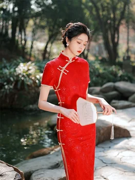 2022 Yaz Yeni Kompozit Dantel Kırmızı Cheongsam Elbise Gelin Tost Giyim Çin Cumhuriyeti Tarzı Cheongsam Qipao Modern