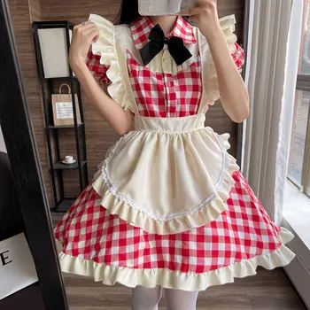 Siyah Kırmızı Izgara Hizmetçi Takım Elbise Estetik Kadın Kawaii Rol Oynamak Kostümleri Anime Cosplay Klasik Tarzı Yaz Garson Üniformaları Sevimli