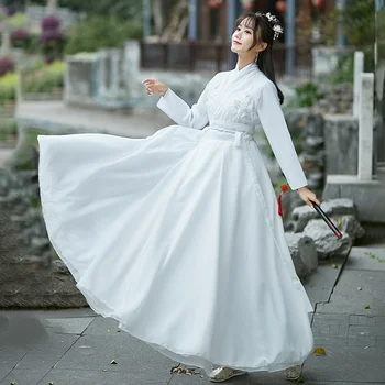 Beyaz Hanfu Elbiseler Peri Kostüm Çin Tarzı Geleneksel Geniş Kollu Taze Takım Elbise Antik Oryantal Halk Performans