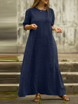 Yeni Moda kadın Elbise 2023 Basit Yuvarlak Boyun Kısa Kollu Uzun Katı Pamuk Keten Şık Vestido rahat elbise Kadınlar için