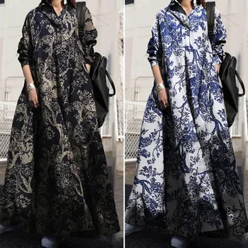2023 sonbahar baskılı pamuk keten retro ulusal tarzı gevşek uzun kollu büyük askı elbise