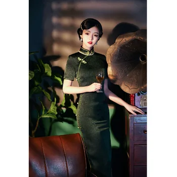 3 Renkler Vintage Saten Ayakta Yaka Cheongsam Uzun Kadın 2022 Sonbahar Zarif Yeşil Elbise Çince Geleneksel Qipao Artı Boyutu