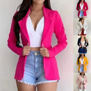 Blazer Kadınlar için 2023 Moda Polo Yaka Uzun Kollu Slim Fit Ceket Kadın Düğmesi Sokak Ceket Düz Renk Kadın Blazer