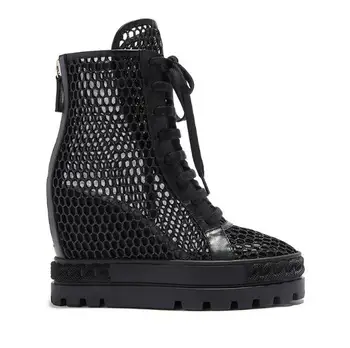 Yaz Kadın Siyah Örgü Patchwork Yüksek Top Sneakers 10 cm Yüksekliği Artan rahat ayakkabılar Kalın Taban Platformu Kama kısa çizmeler