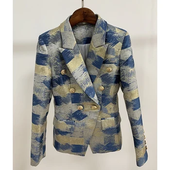 YÜKSEK KALITE Yeni Moda 2023 Tasarımcı Blazer Ceket kadın Aslan Metal Düğmeler Kruvaze Renkler Boyama Jakarlı Blazer