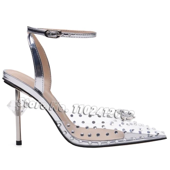 2023 Yeni PVC Kristal Elmas Sandalet Sivri Burun İnce Yüksek Topuklu Moda Taklidi Yaz Pompaları kadın Düğün parti ayakkabıları