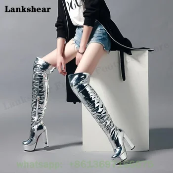 Gümüş Uyluk Yüksek Çizmeler Kadın Rugan Platformu Yüksek Tıknaz Yüksek Topuklu Çizmeler Yuvarlak Ayak Modern Funky Diz Üzerinde Çizmeler