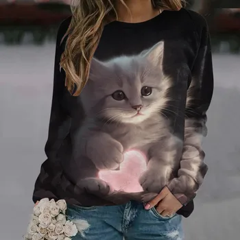 Sevimli Kedi kadın T Shirt 3D Baskı Rahat Uzun Kollu Tees Boy Harajuku Kazak Giyim Günlük Bluz Kadın Gevşek Üstleri