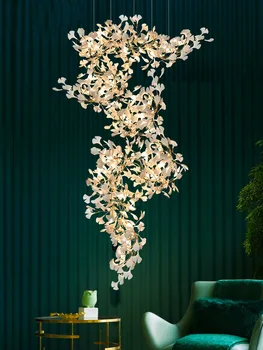 Büyük Merdiven avizeler ışık porselen yaprakları dekor Lüks Altın Fuaye avize aydınlatma süspansiyon asılı lamba