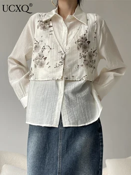 UCXQ Mizaç Yaka Baskı Sahte İki Adet Patchwork Gömlek Kadınlar İçin Rahat Uzun Kollu Bluzlar Tops 2023 Sonbahar Yeni 23A4343