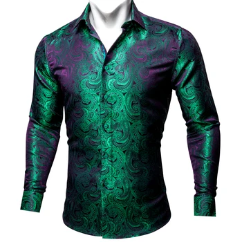 Lüks Erkek Gömlek Tasarımcısı Yeşil Yeni Yaka Uzun Kollu Paisley Bahar Sonbahar Eğlence Fit Gömlek Parti İş Barry.Wang CY-615