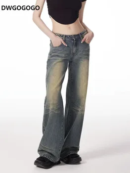 Şalvar Kot Kadın yüksek belli kot pantolon Geniş Bacak Şık Cep Pantolon Gevşek Düz Streetwear Y2k Kot