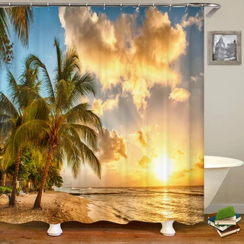 3D Duş Perdesi Çeşitli Gün Batımı Alacakaranlık Plaj Manzara Sahil Baskılı Banyo Perdesi Polyester Su Geçirmez Ev Dekor 180x180cm