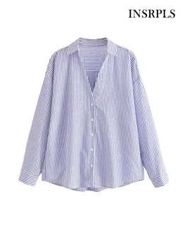 INSRPLS Kadın Moda Büyük Boy Çizgili Gömlek Vintage Uzun Kollu Ön Düğme Kadın Bluzlar Blusas Chic Tops
