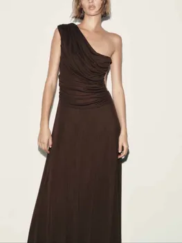 Yaz yeni moda Avrupa ve Amerikan seksi batı tarzı pilili asimetrik yaka kolsuz ince backless elbise