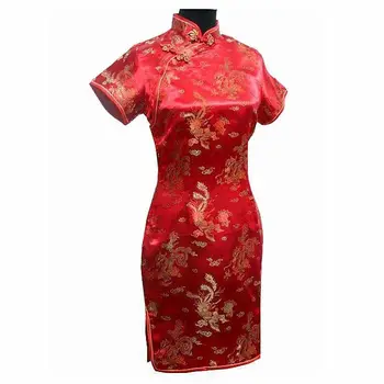 Vintage Çin tarzı Mini Cheongsam Yeni Varış kadın Saten Qipao Kırmızı Yaz Seksi Parti Elbise Mujer Vestidos S-6XL