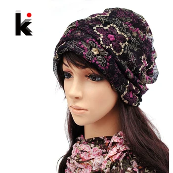 Bere İlkbahar ve Sonbahar Kadın Skullies merserize Dantel kazak çapraz saç şapka türban bere şapka kadınlar için