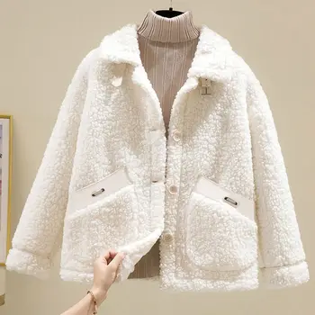 Kısa Kuzu Peluş Kürk günlük ceketler Bayan 2023 Yeni Sonbahar Kış Cep Hırka Üstleri Kore Polar Polar Giyim Kadın