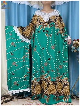 Müslüman Gelenek Kadın Elbiseler Afrika Kadınlar Püskül Kollu Çiçek Baskılı pamuklu giysiler Gevşek Elbise Eşleştirilmiş witha Büyük Eşarp