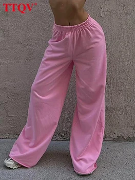 TTQV Zarif Basit Katı kadın pantolonları 2023 Moda Pembe Düz Tam Boy Pantolon Gecelik Sonbahar Rahat Orta Belli Pantolon