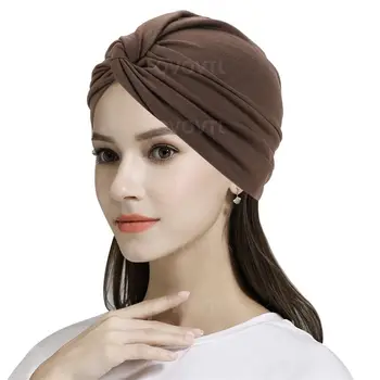 Müslüman Pamuk Türban Başkanı Sarar Kadınlar için Yumuşak Önceden Bağlı Kaput Türban Düğüm Kap Headwrap Şapka Moda Pilili Hindistan Uyku Şapka