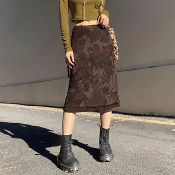 Peri Grunge Estetik Kahverengi Örgü Midi Etekler Y2K Streetwear Düşük Bel Baskı A-Line Etek Elfcore Kıyafetler Retro Güz