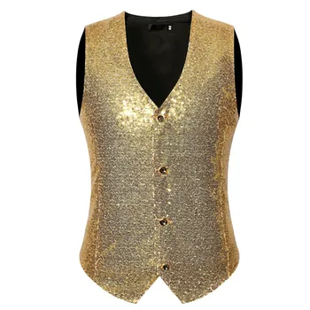 Parlak Altın Pullu Takım Elbise Yelek Erkekler Gece Kulübü Balo Yelek Yelek Erkekler Kostüm Homme Şarkıcılar için Sahne Giysileri Chalecos Para Hombre