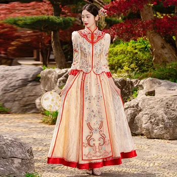 Oryantal Elbisesi Qipao Retro Sequins Boncuklu Nakış Çin Geleneksel Kadın Düğün Cheongsam Zarif Gelin Vintage Elbise